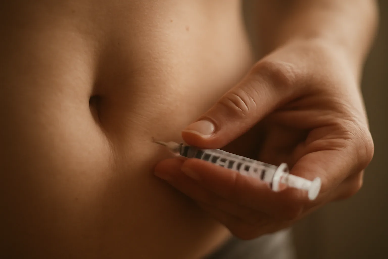 Hand pinching abdominal skin with insulin syringe ready for a sermorelin injection