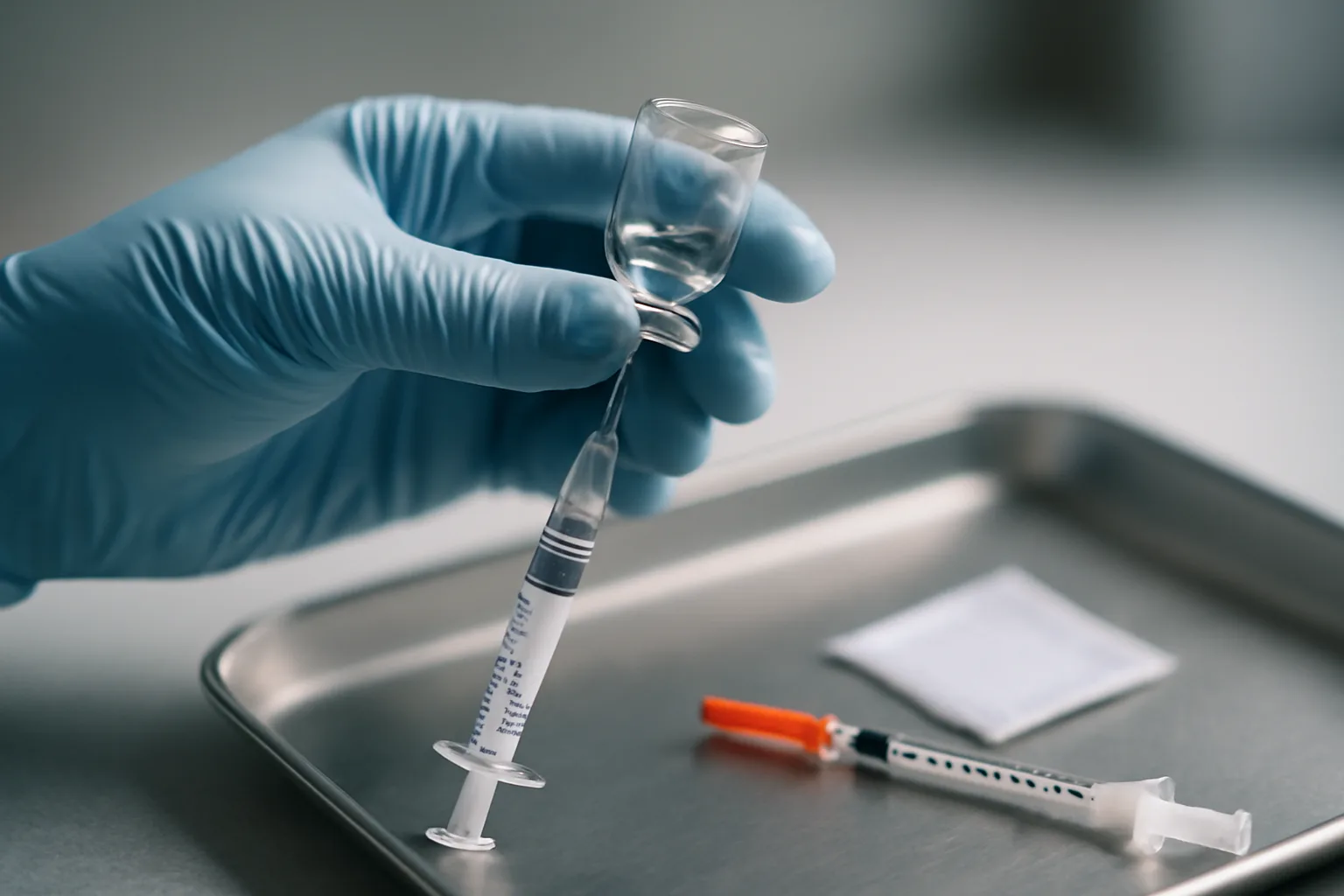 Hand preparing a glass vial and syringe for a peptide injection on a steel tray