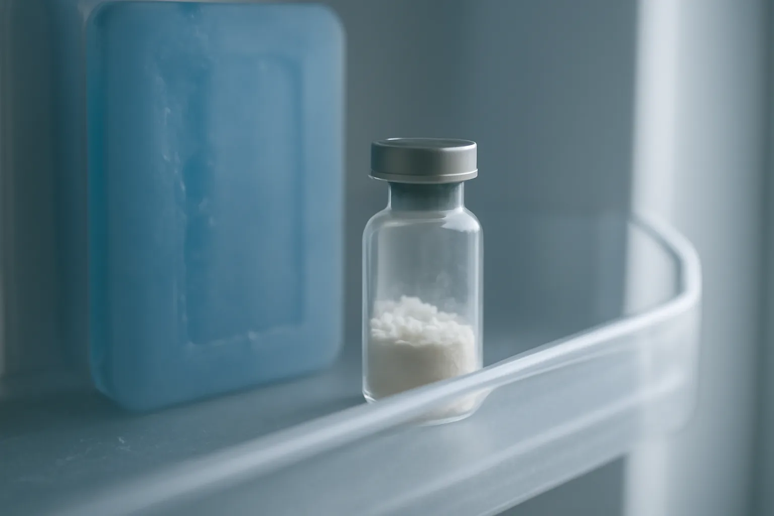 Glass peptide vial stored upright in a refrigerator door shelf beside an ice pack