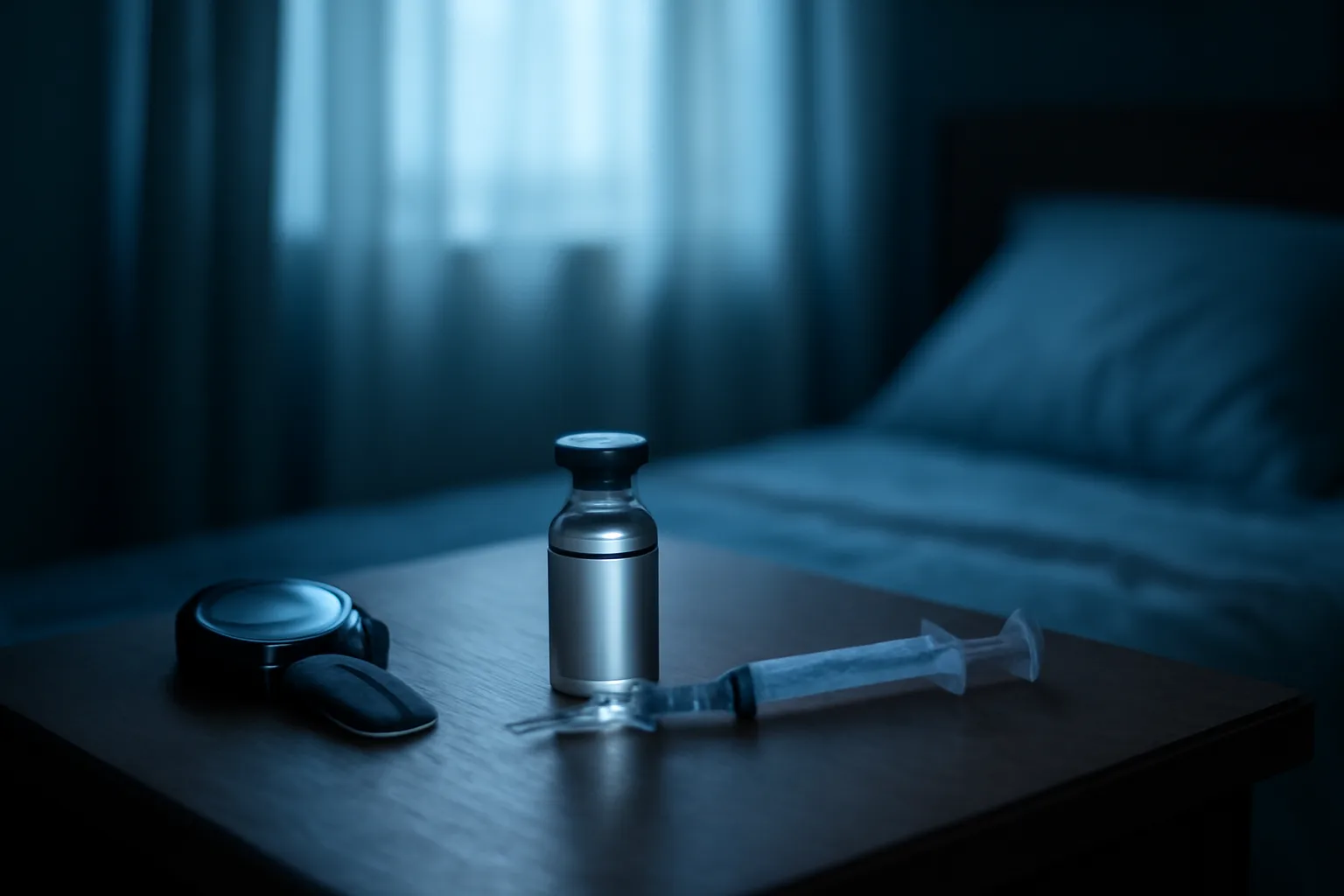 Bedside vial and syringe in early morning light suggesting a sermorelin dosing timeline