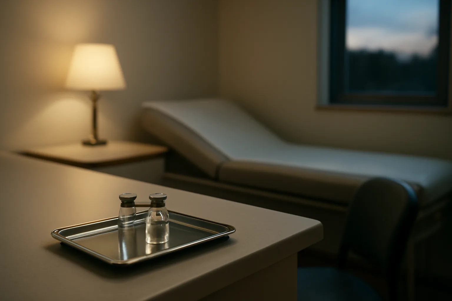 Empty clinical exam room with vials on a tray, evoking a sermorelin and tesamorelin consultation