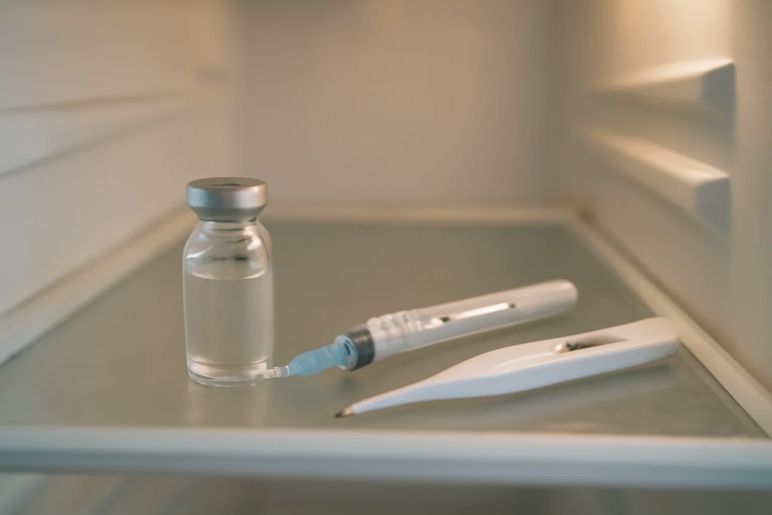 Glass vial and syringe stored on a refrigerator shelf beside a thermometer