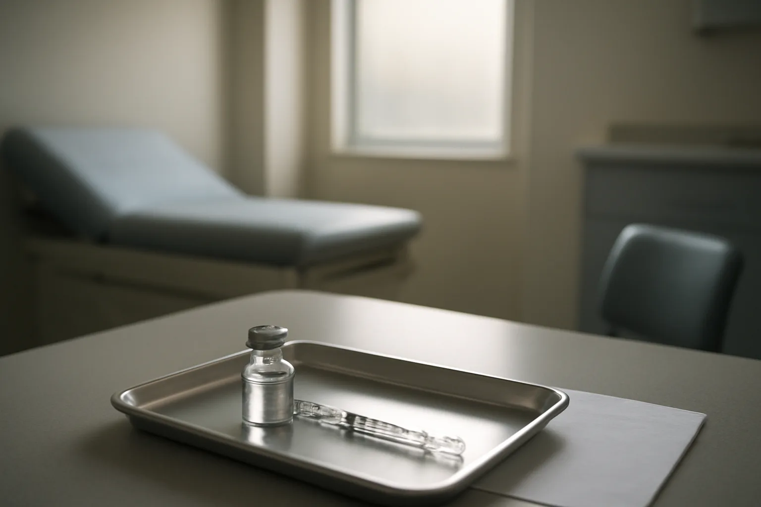 Vial and syringe on a steel tray in a sunlit clinic room, evoking sermorelin therapy