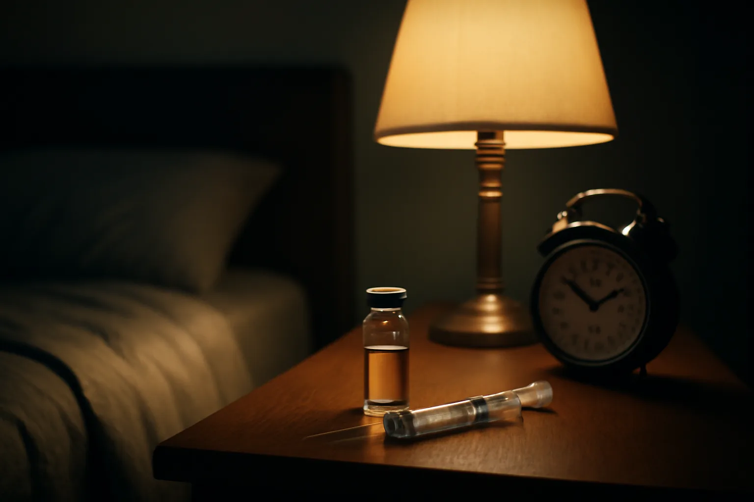 Nighttime bedside scene showing a vial and syringe used for sermorelin injection