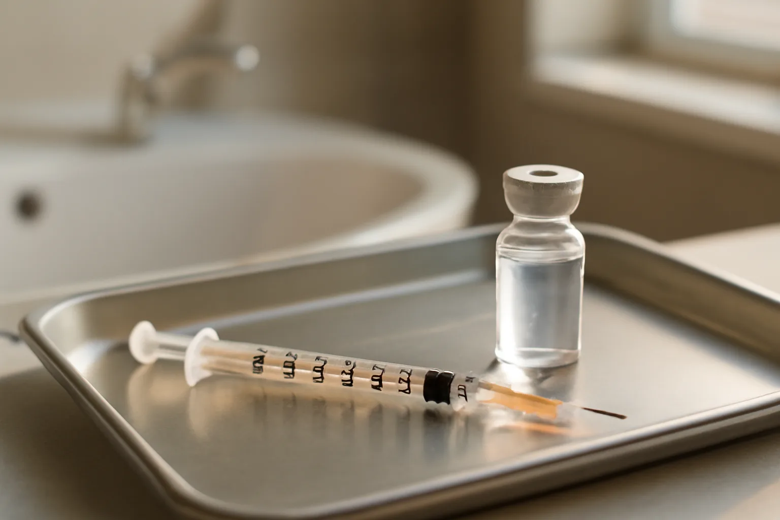 Insulin syringe and vial on a tray, illustrating how sermorelin dosing is measured