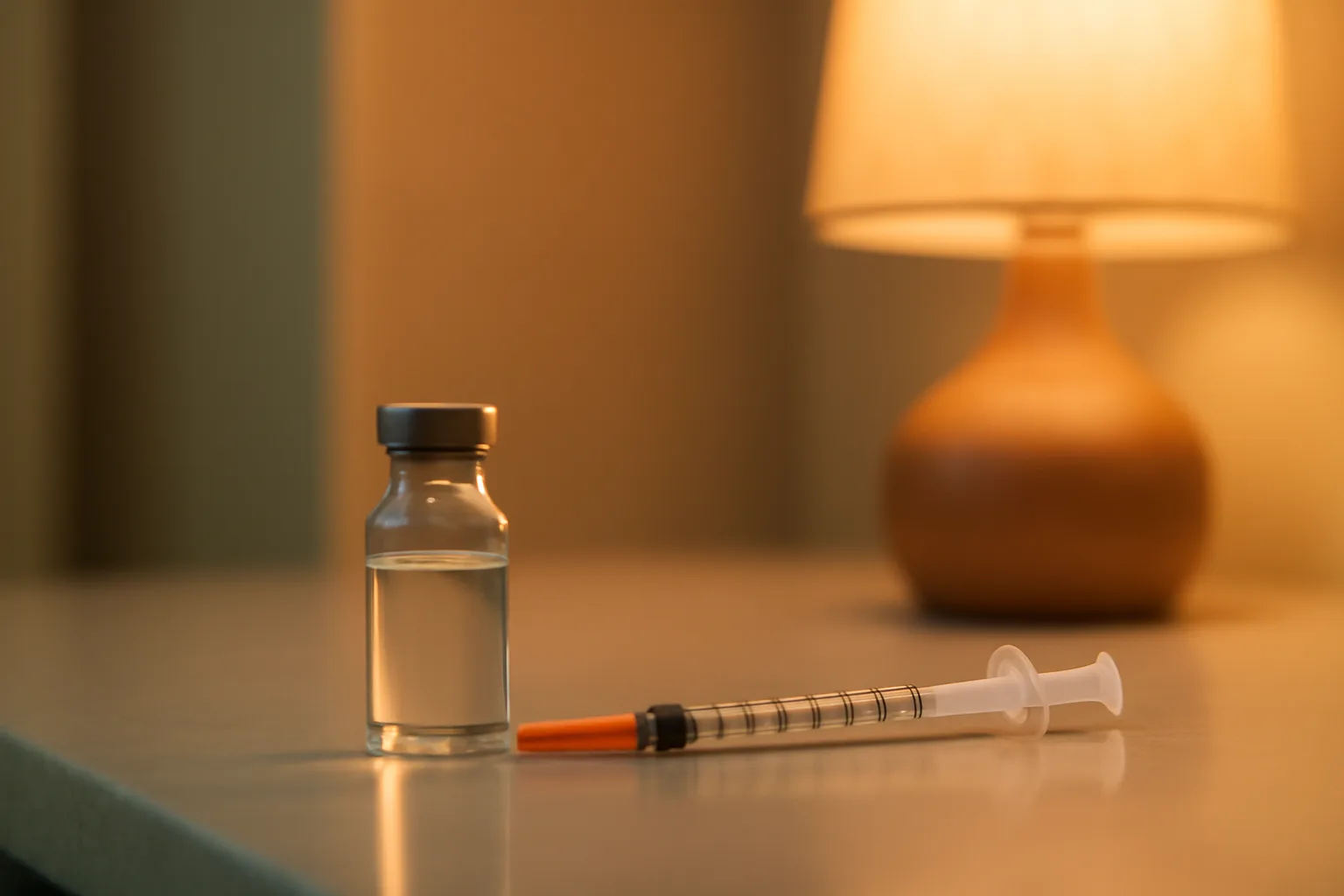Insulin syringe and glass vial on a counter, representing sermorelin units per day dosing