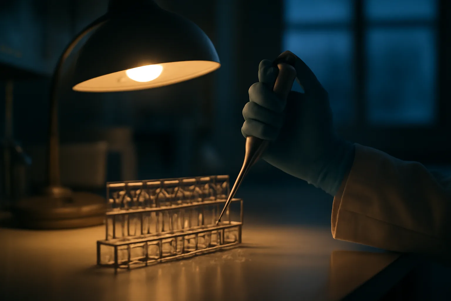 Researcher's gloved hand with pipette beside vials, representing sermorelin research evidence