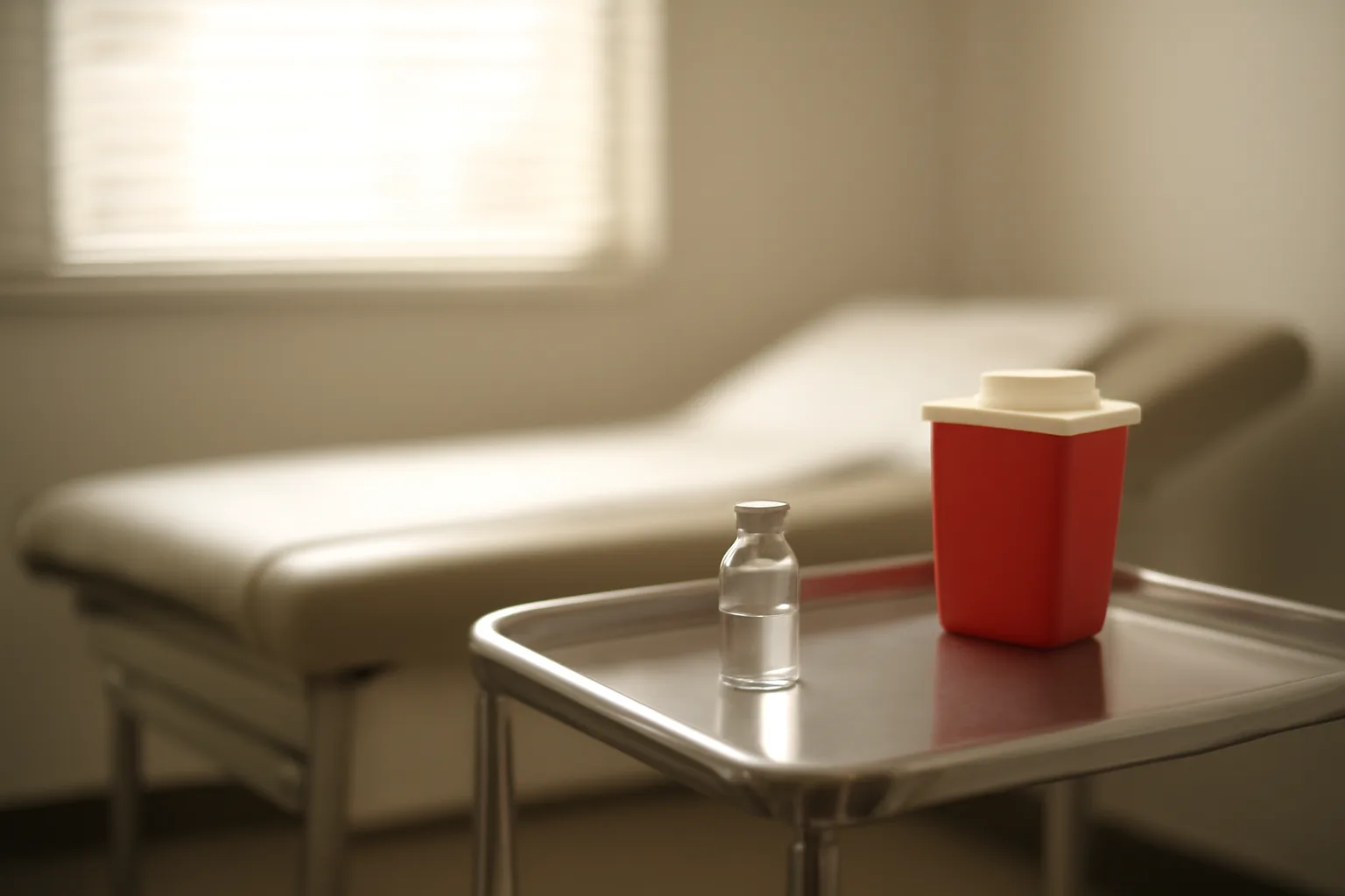 Empty exam room tray with vial, evoking sermorelin before and after treatment claims