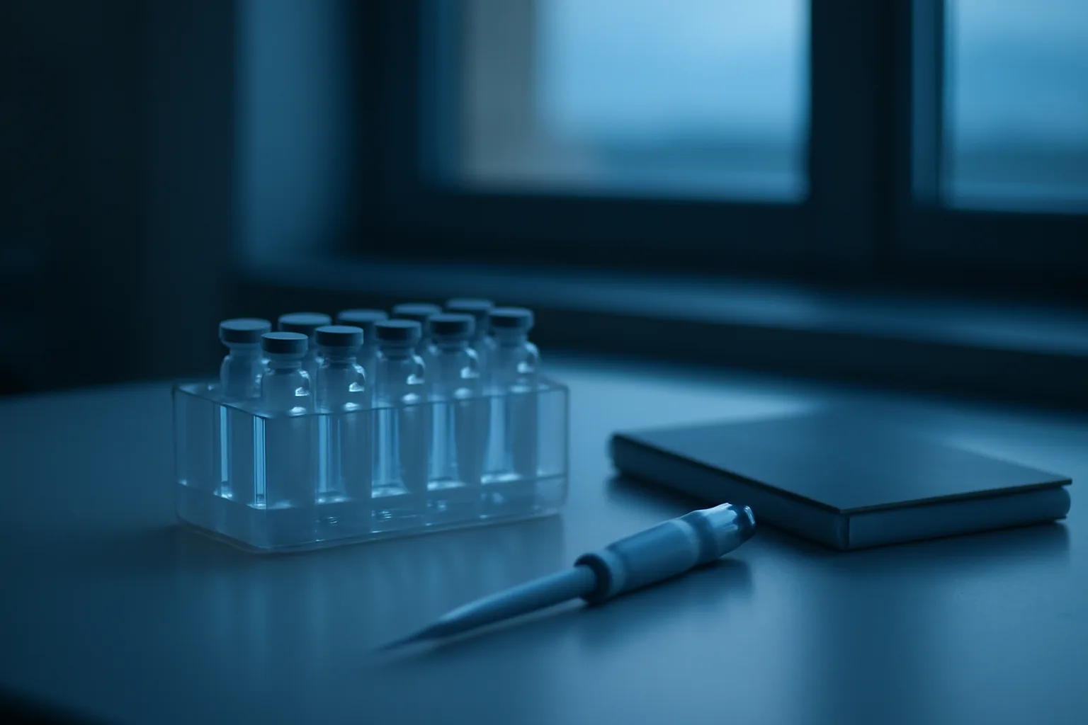 Lab bench with vial rack and pipette, evoking sermorelin clinical research setting