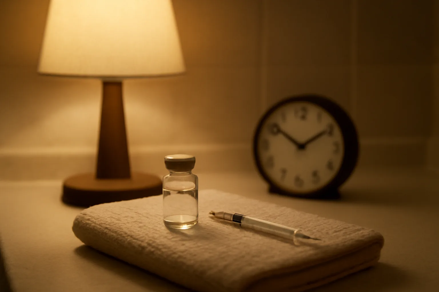 Vial and syringe on a bathroom counter at night representing sermorelin half life and nightly dosing