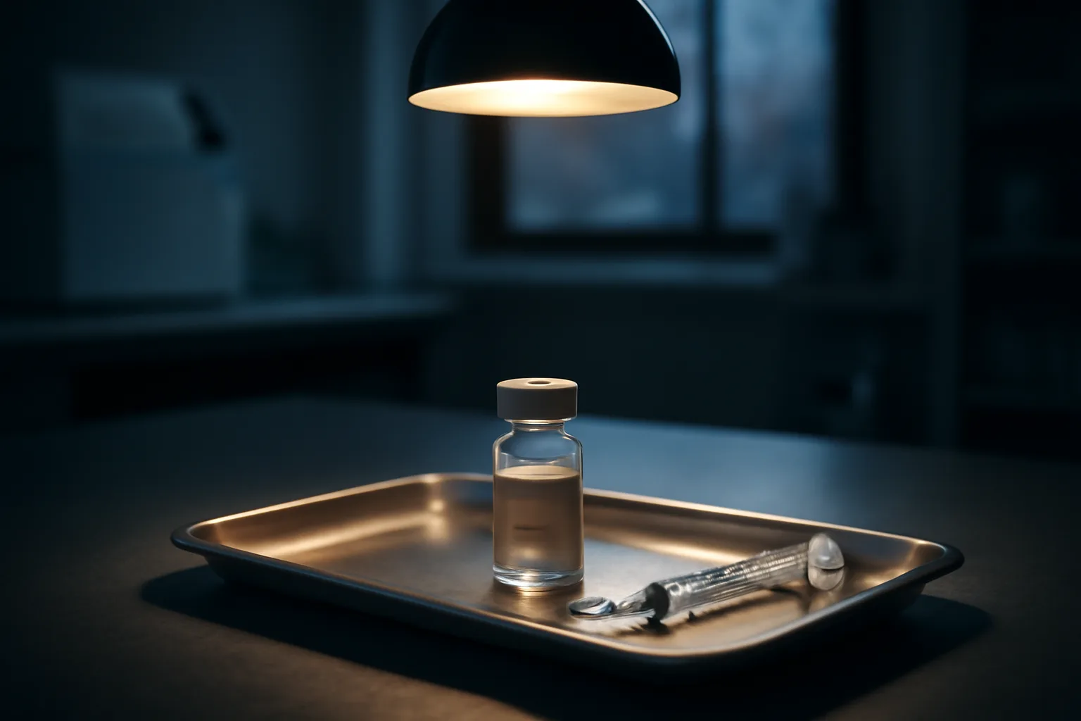Vial and syringe on a stainless tray, evoking sermorelin human studies research