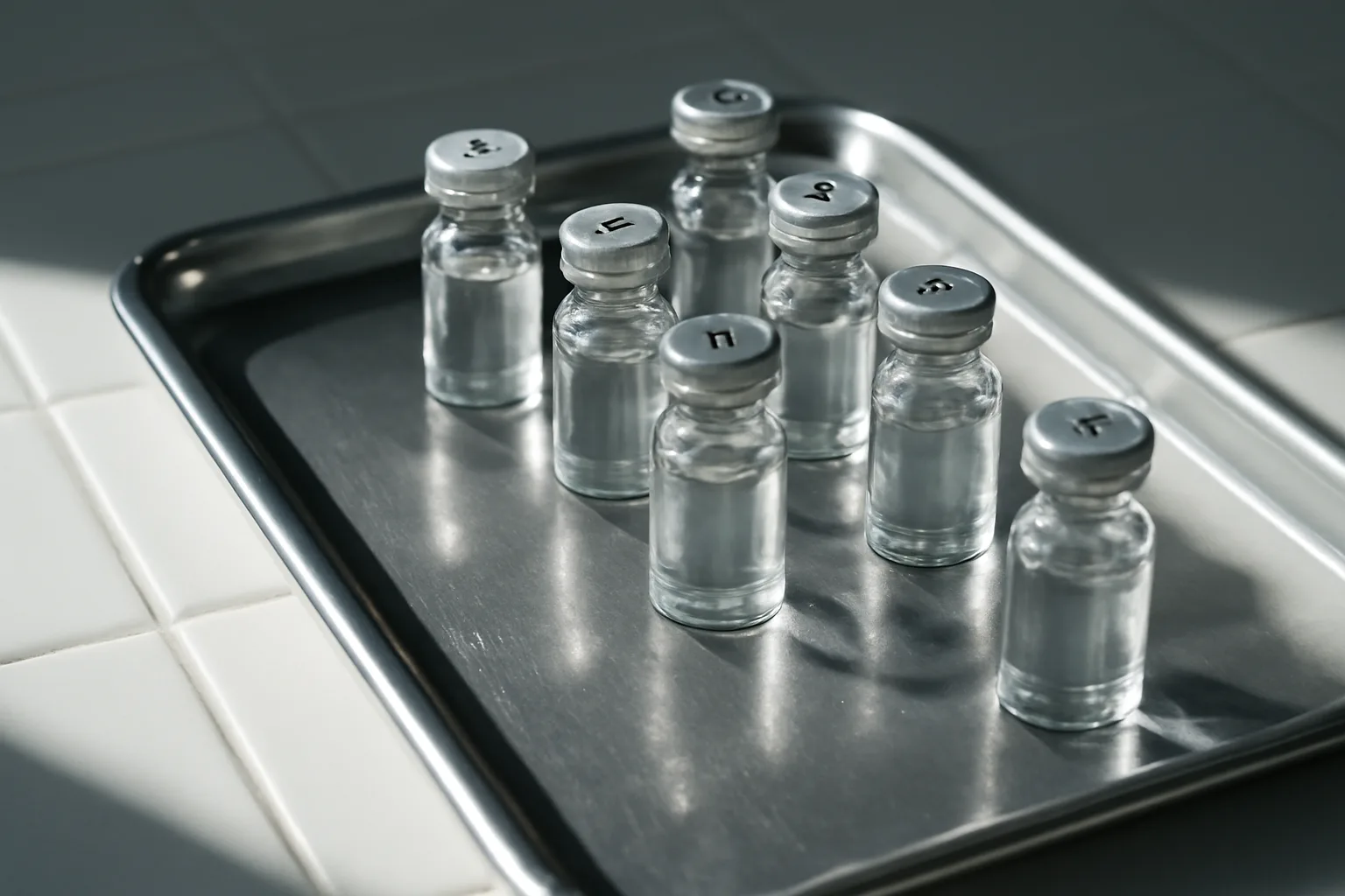 Medical vials on lab tray illustrating sermorelin peptide preparation