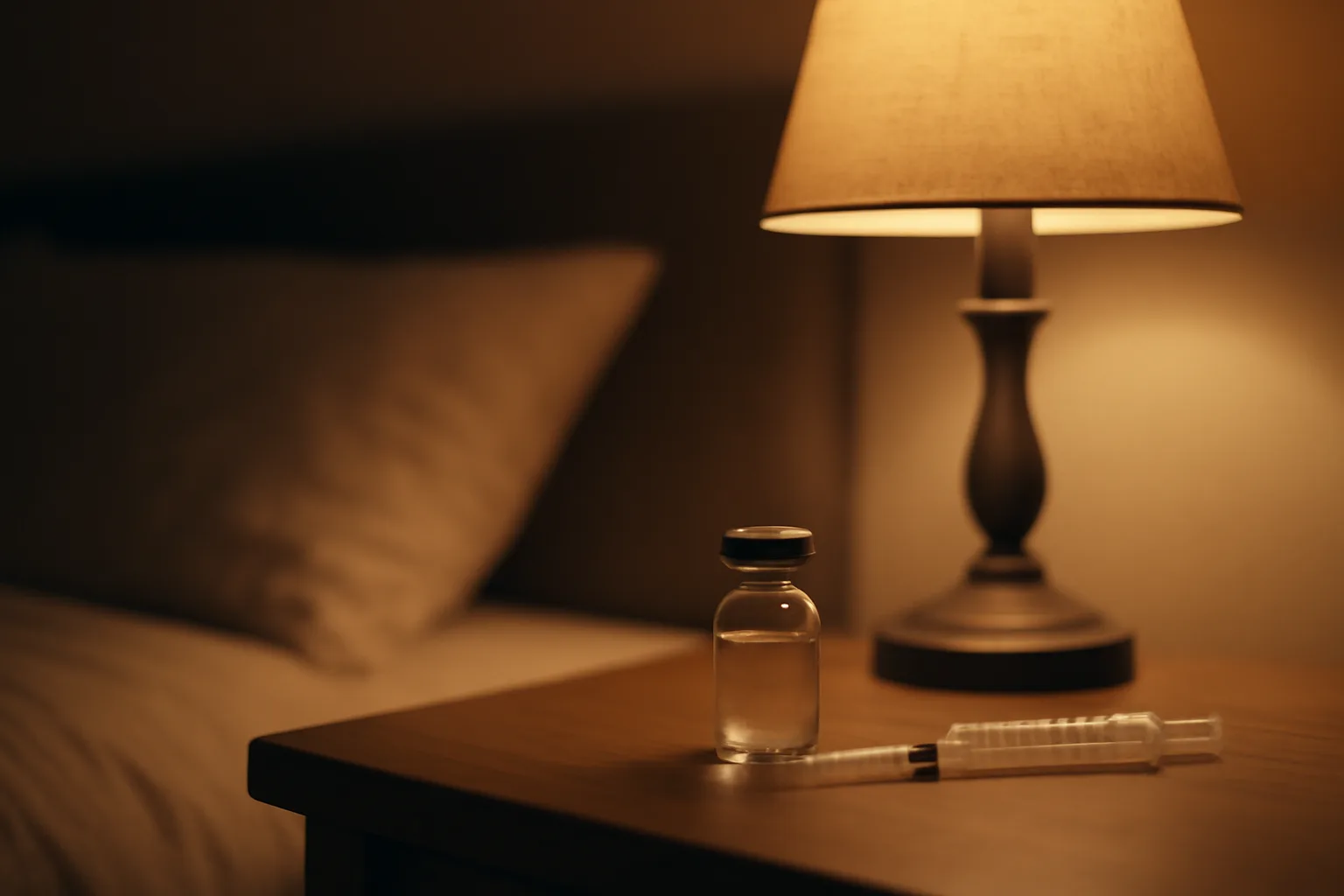Vial and syringe on a nightstand at night, representing sermorelin peptide before and after use
