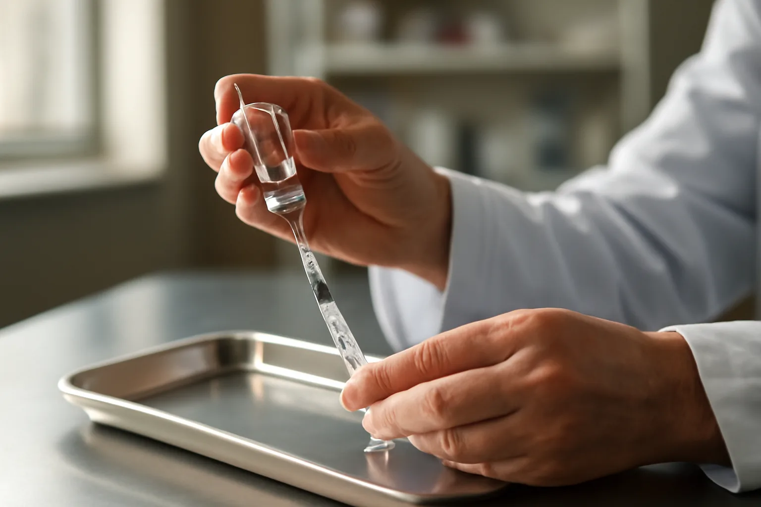 Clinician preparing an injection vial and syringe on a steel tray, representing sermorelin therapy