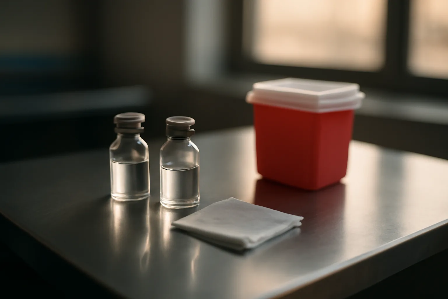 Two unlabeled vials on a clinic counter representing a sermorelin peptide stack
