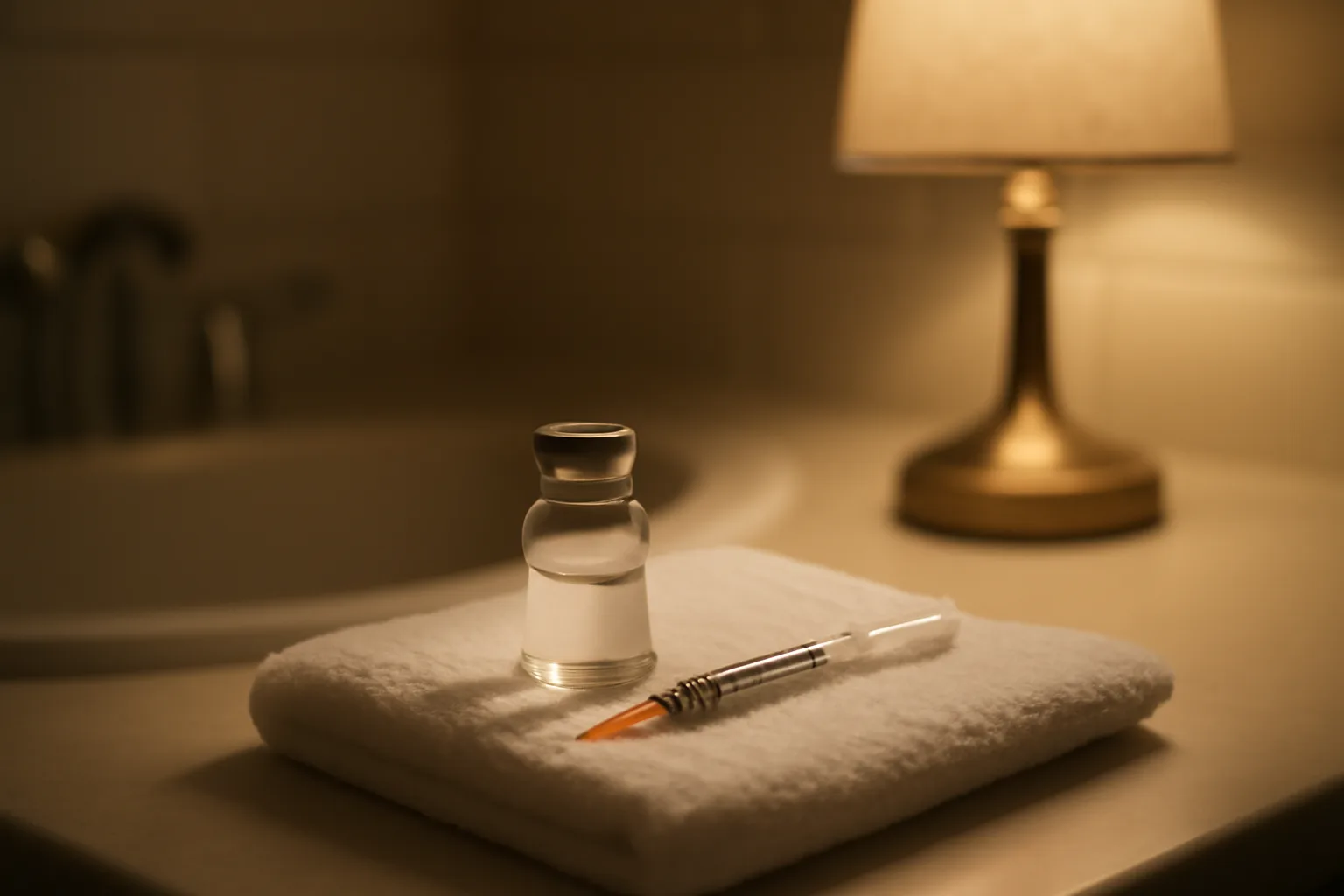 Vial and syringe on a towel, representing nightly sermorelin injection routine