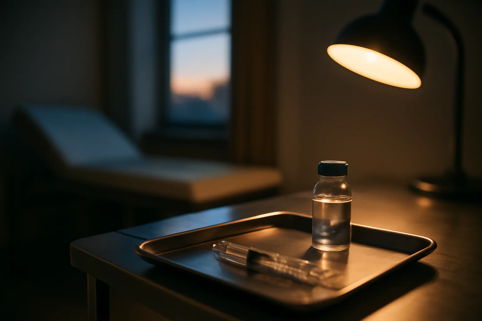 Vial and syringe on a steel tray, representing what sermorelin actually does in treatment