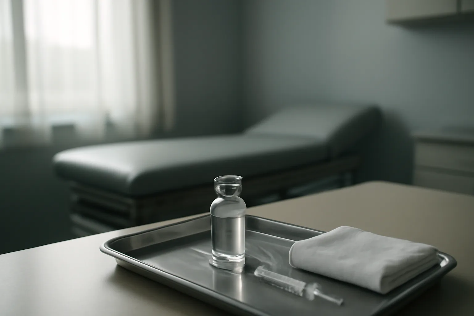 Vial and syringe on a steel tray in a sunlit clinical exam room