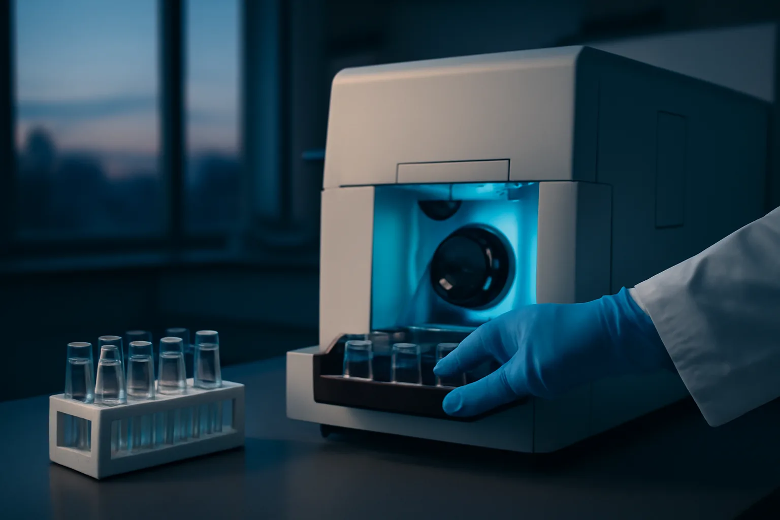 Lab technician handling vials near a mass spectrometer used for sermorelin drug testing analysis