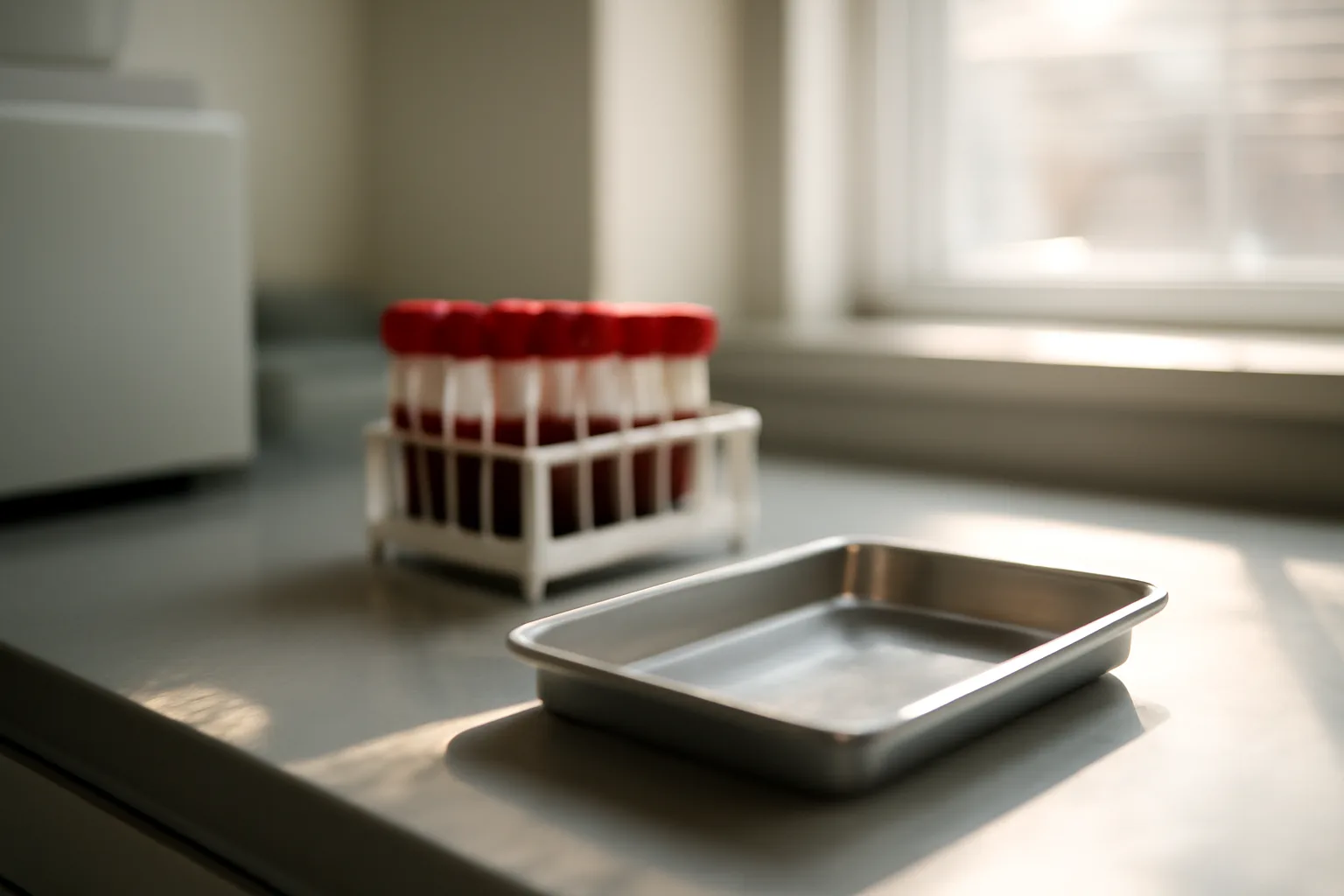 Blood sample tubes in a rack on a clinic counter, morning light, related to sermorelin blood work