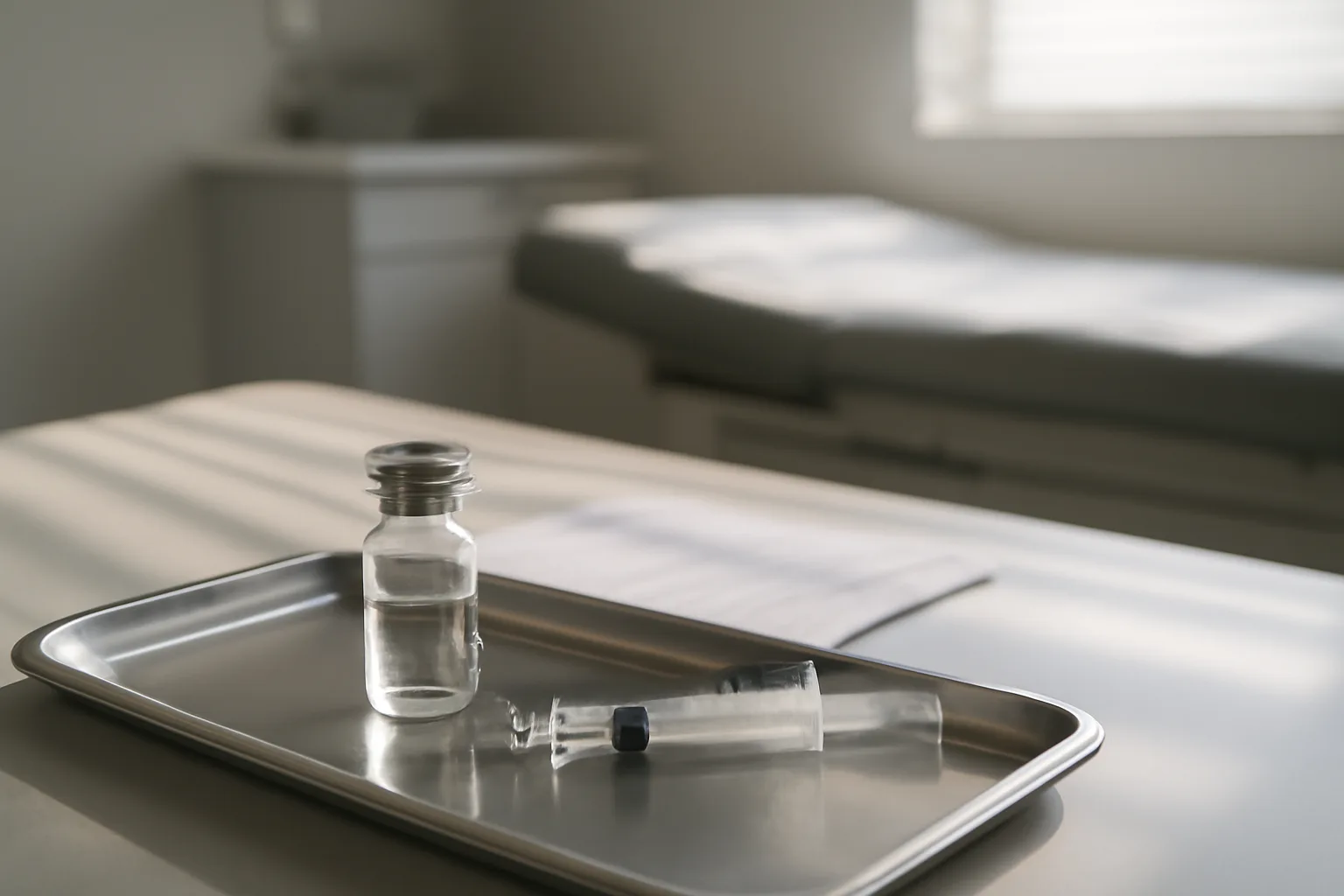 Exam room tray with vial and syringe illustrating sermorelin contraindications screening before treatment
