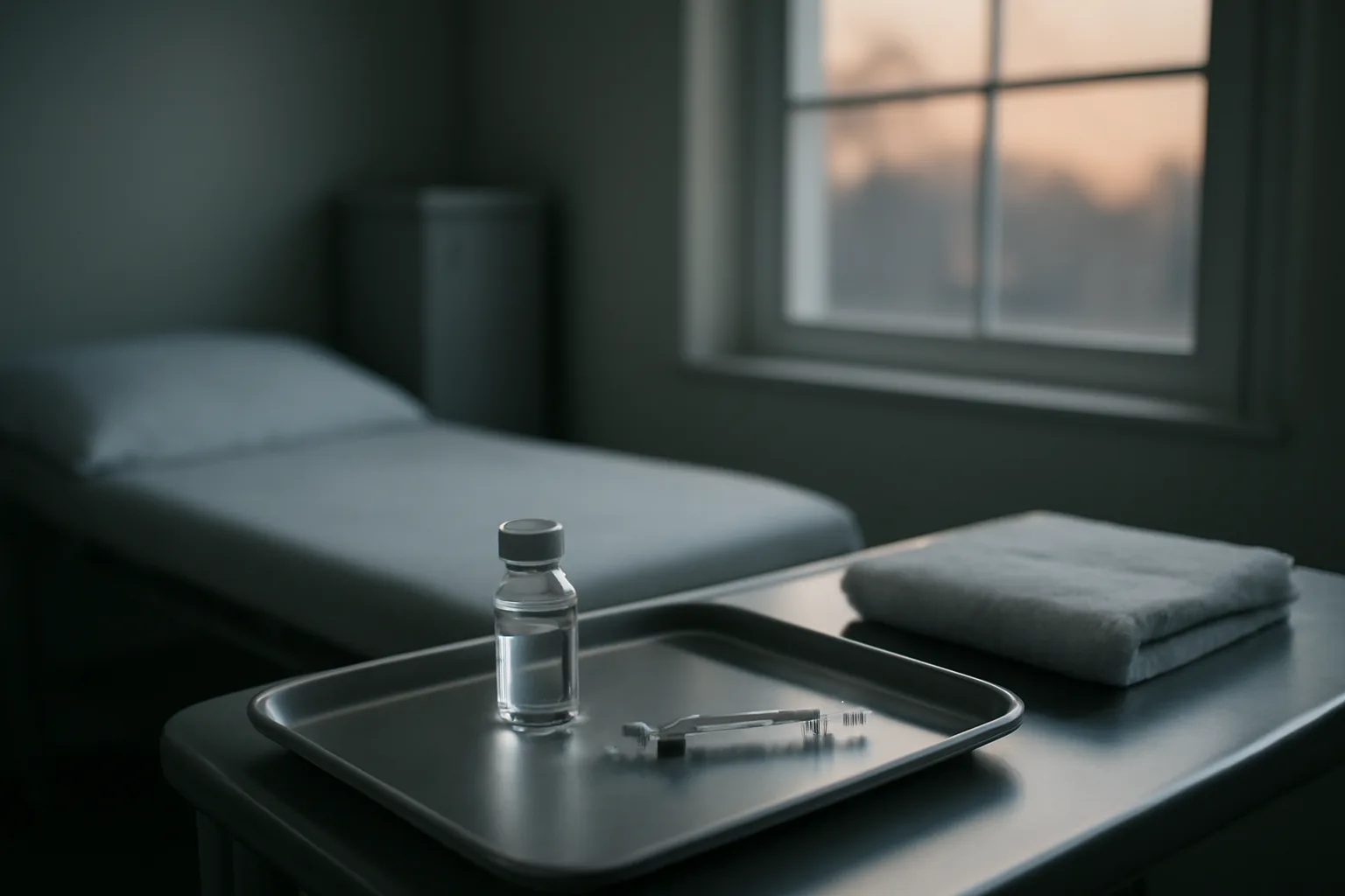 Vial and syringe on a steel tray in a softly lit clinic room