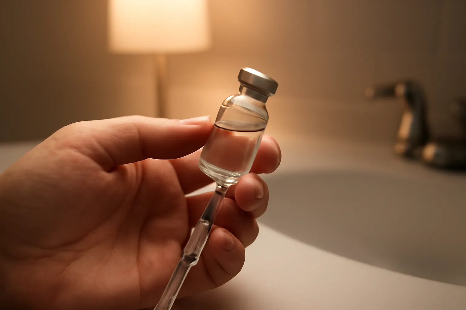 Hand holding a syringe and vial near a bathroom counter at night