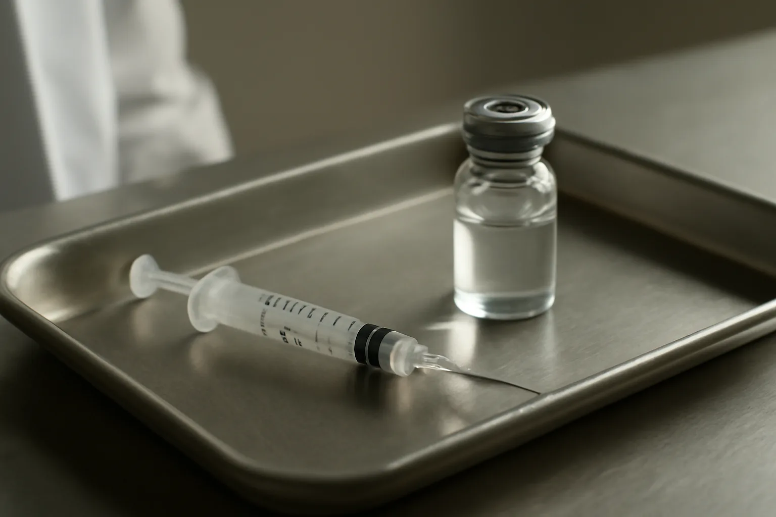 Vial and syringe on a clinic tray representing sourcing sermorelin through a medical setting