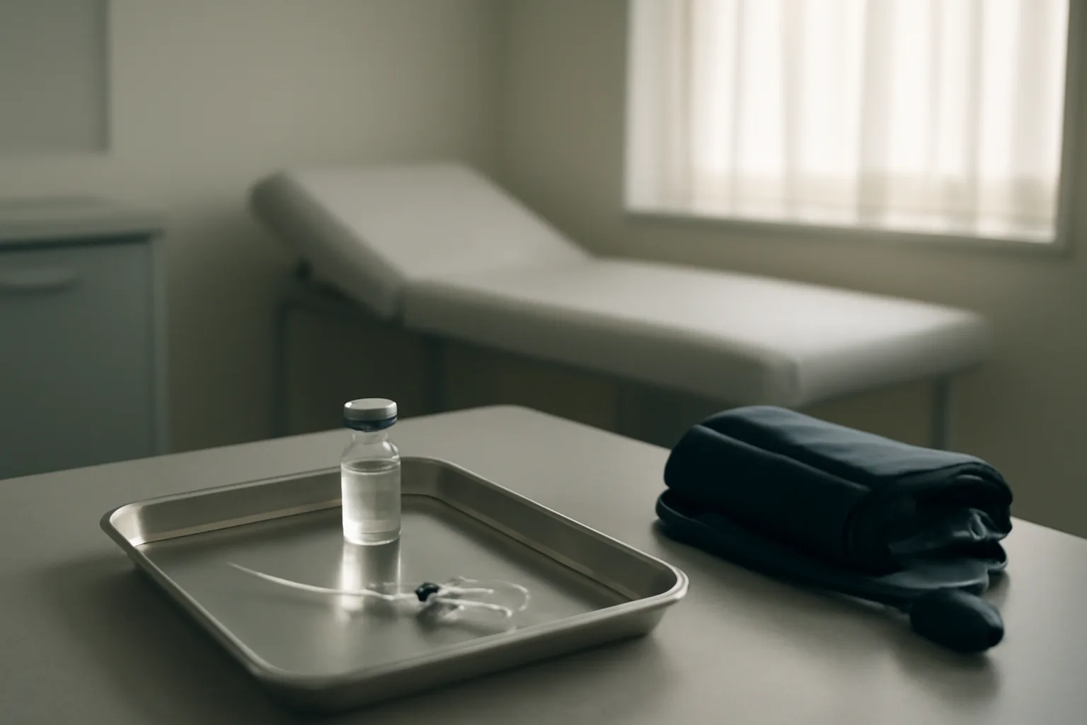 Clinic exam room table with a vial and syringe representing sermorelin peptide sourcing