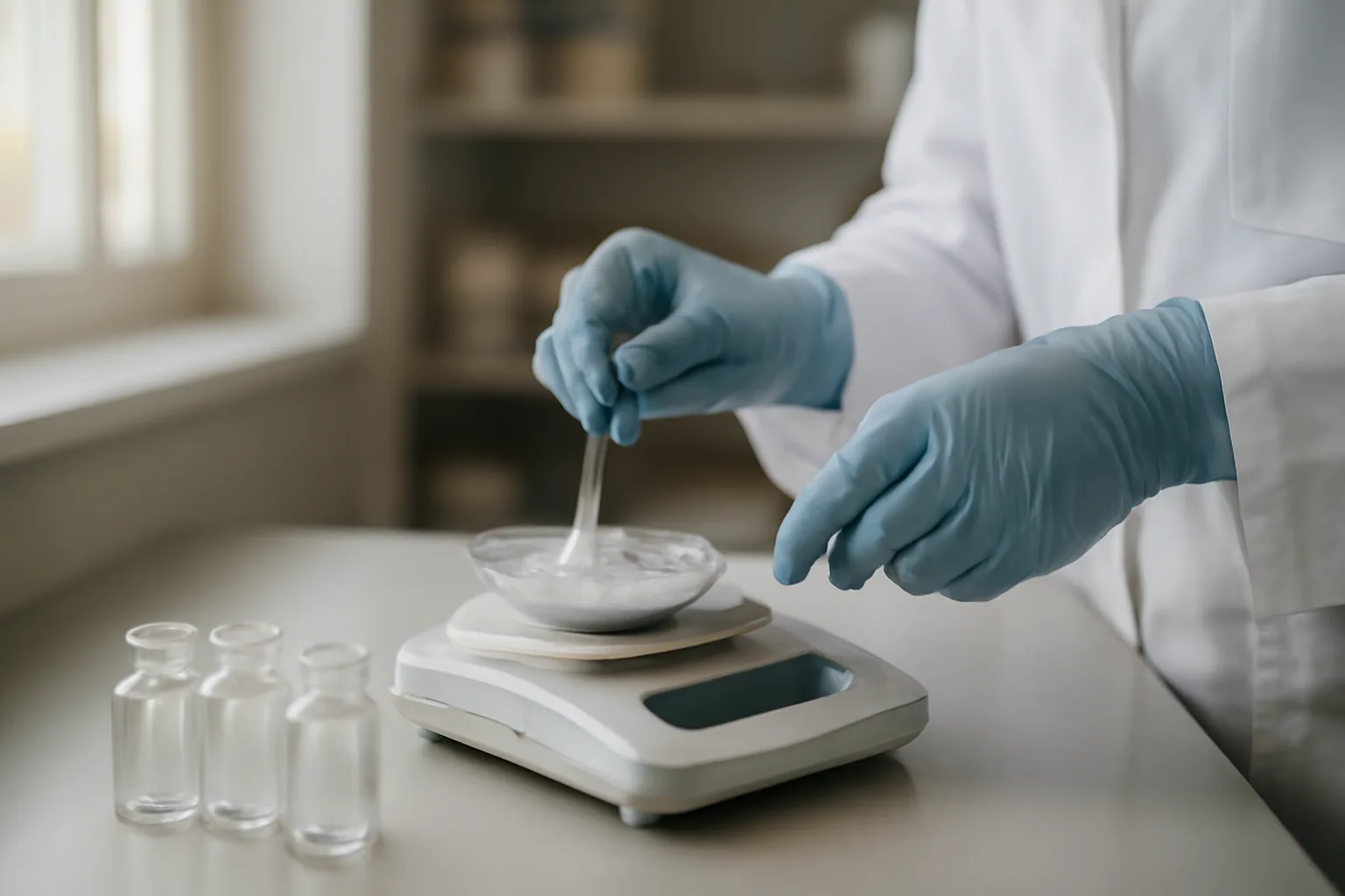 Pharmacist compounding medication at a lab counter, illustrating sourcing sermorelin safely