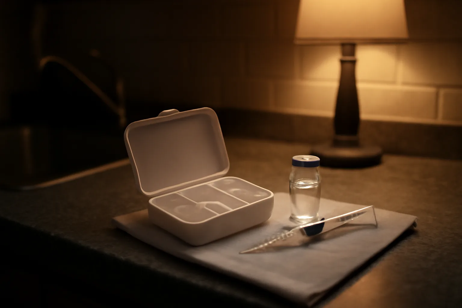vial and syringe on a counter beside an open medication refrigeration case at night