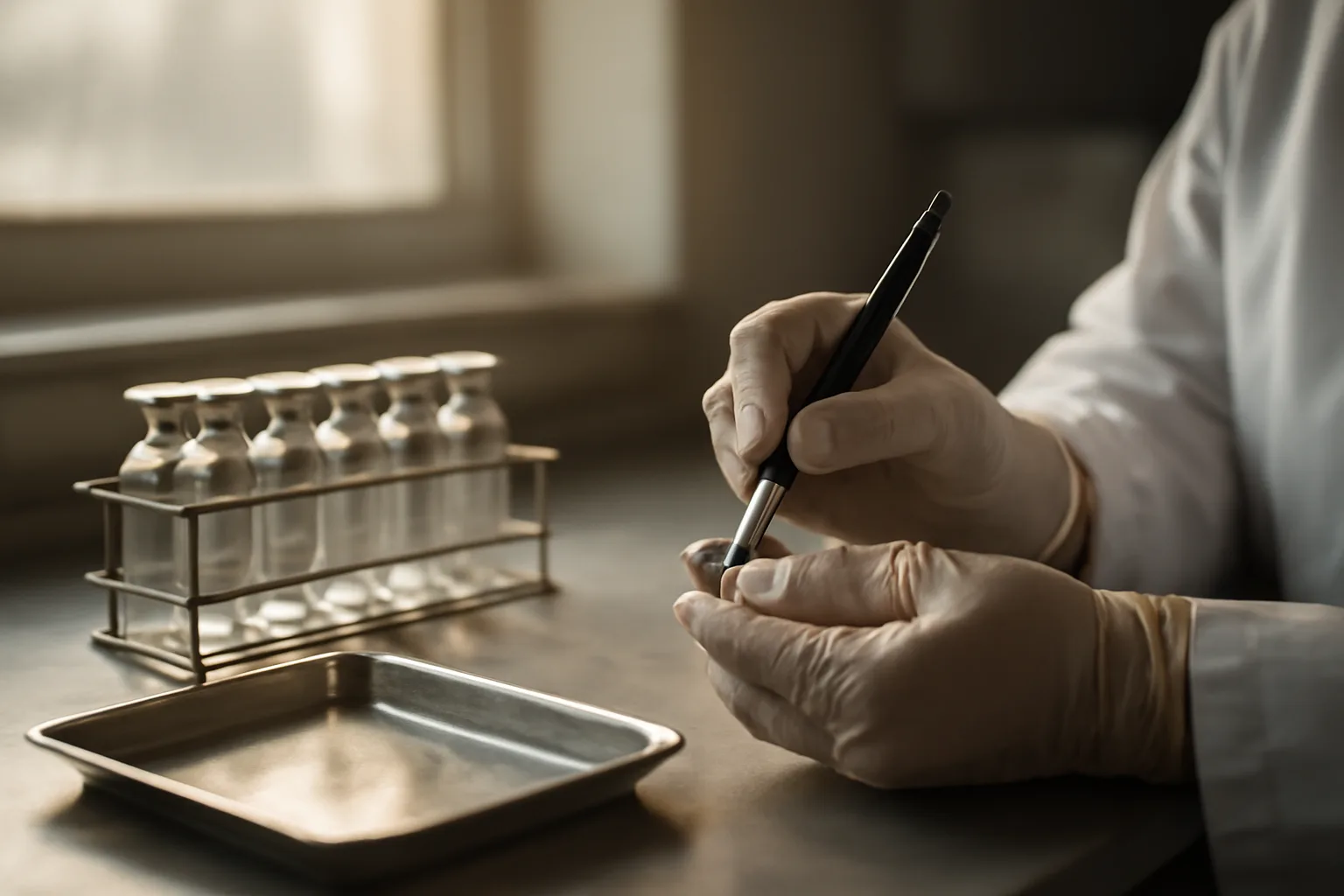 Pharmacist labeling compounded medication vials on a stainless steel workbench