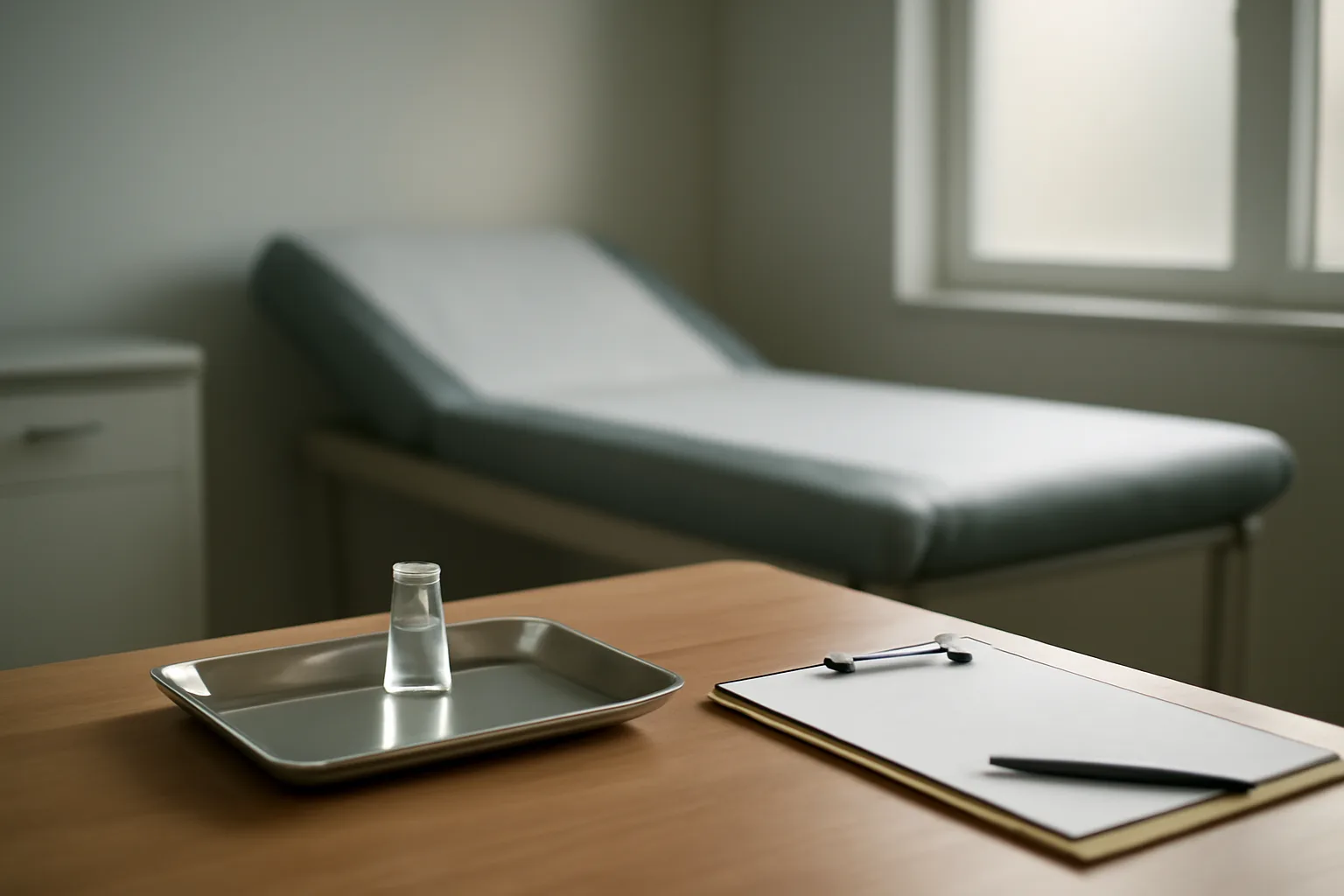 Exam room table with vial, syringe, and clipboard representing sermorelin peptide therapy clinics