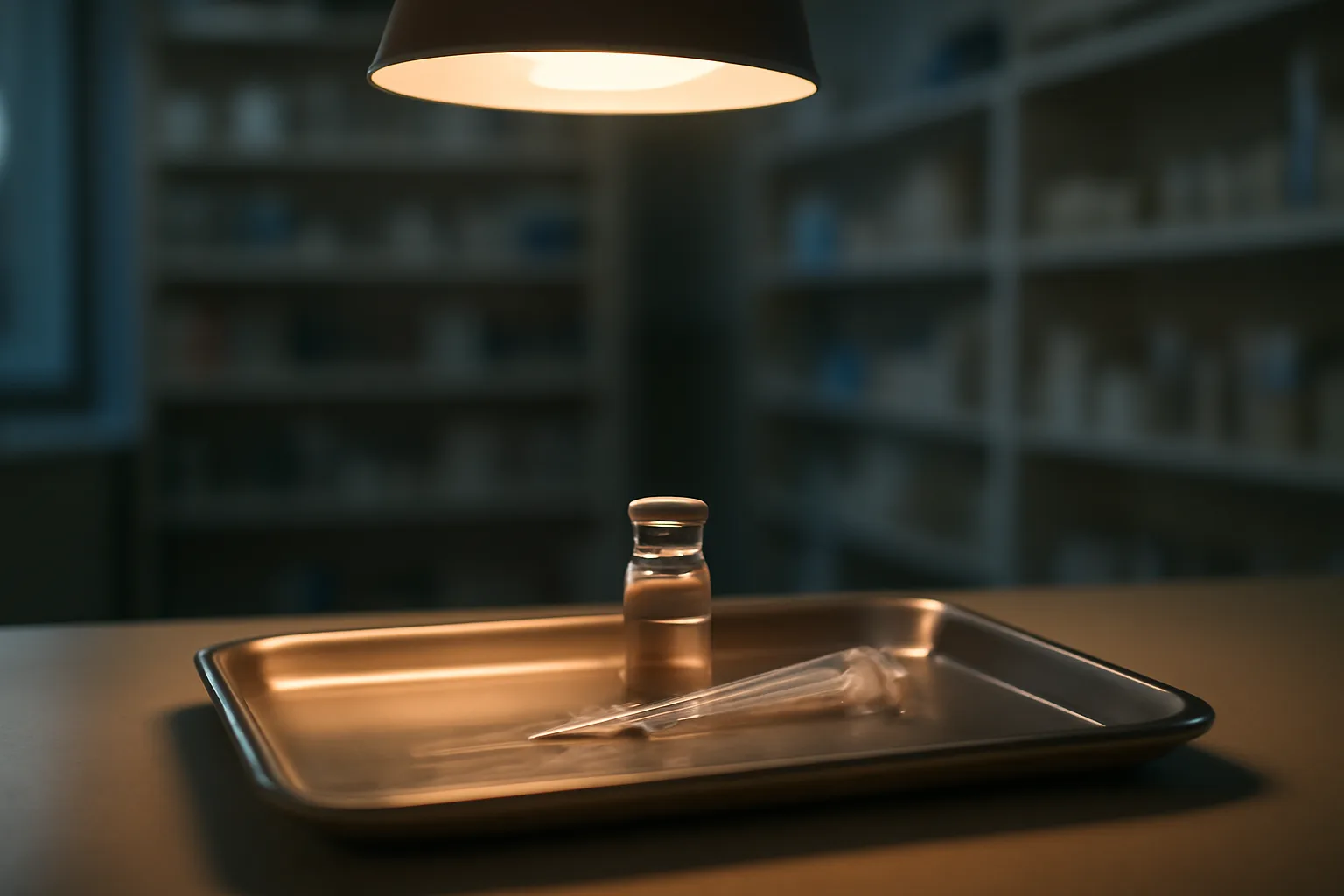 Glass vial and syringe on a stainless tray in a compounding pharmacy setting