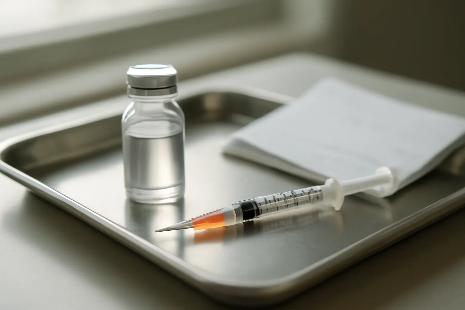 Vial and syringe on a clinic tray, representing how to get sermorelin peptide legally