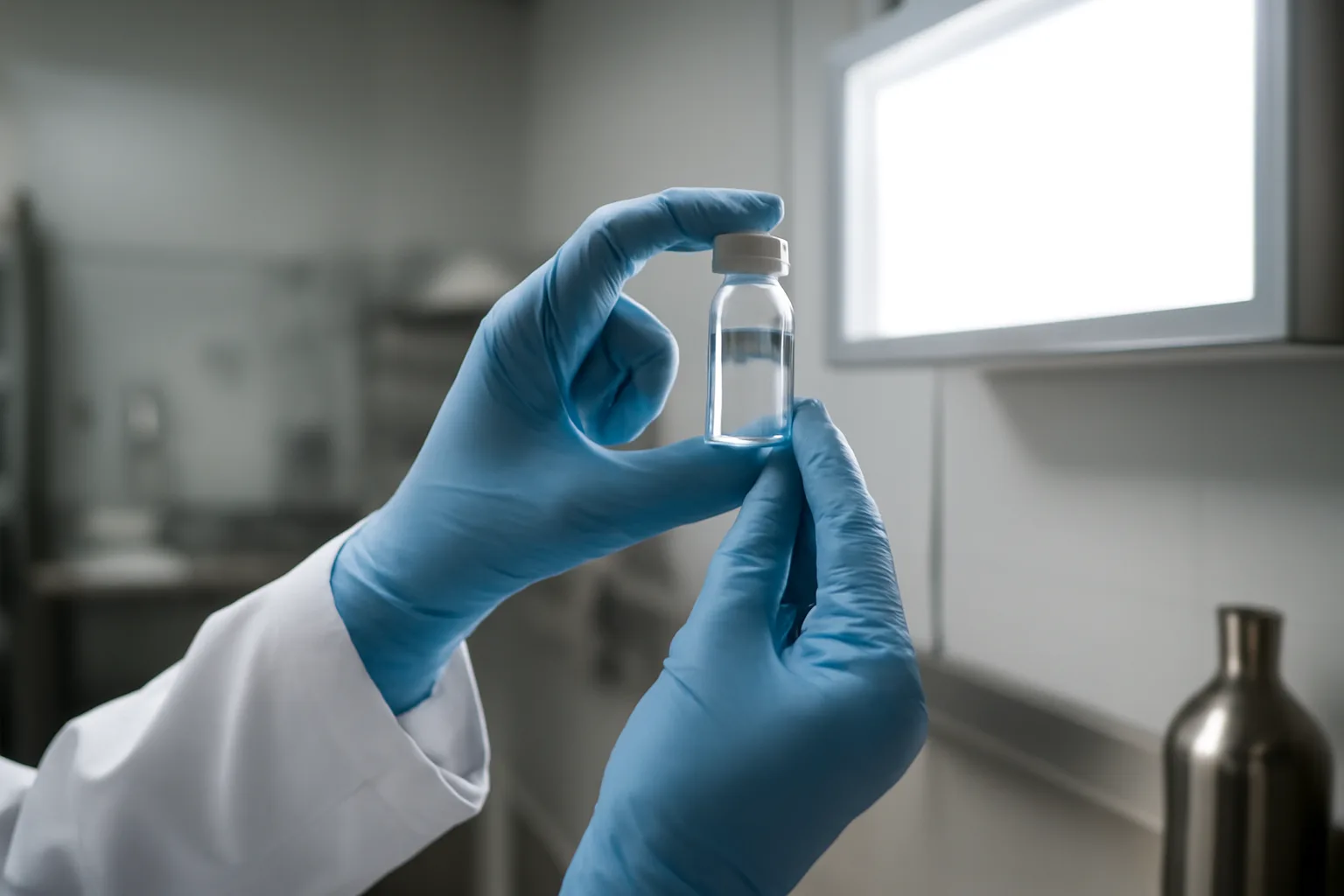 Pharmacist checking a vial's clarity as part of verifying sermorelin quality
