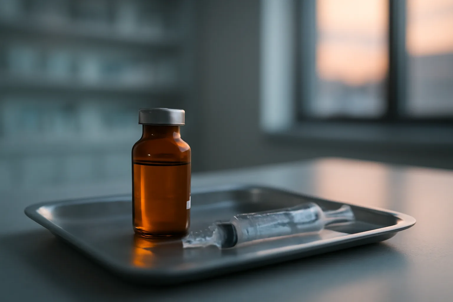 Amber vial and syringe on a steel pharmacy tray, representing sermorelin's regulatory status