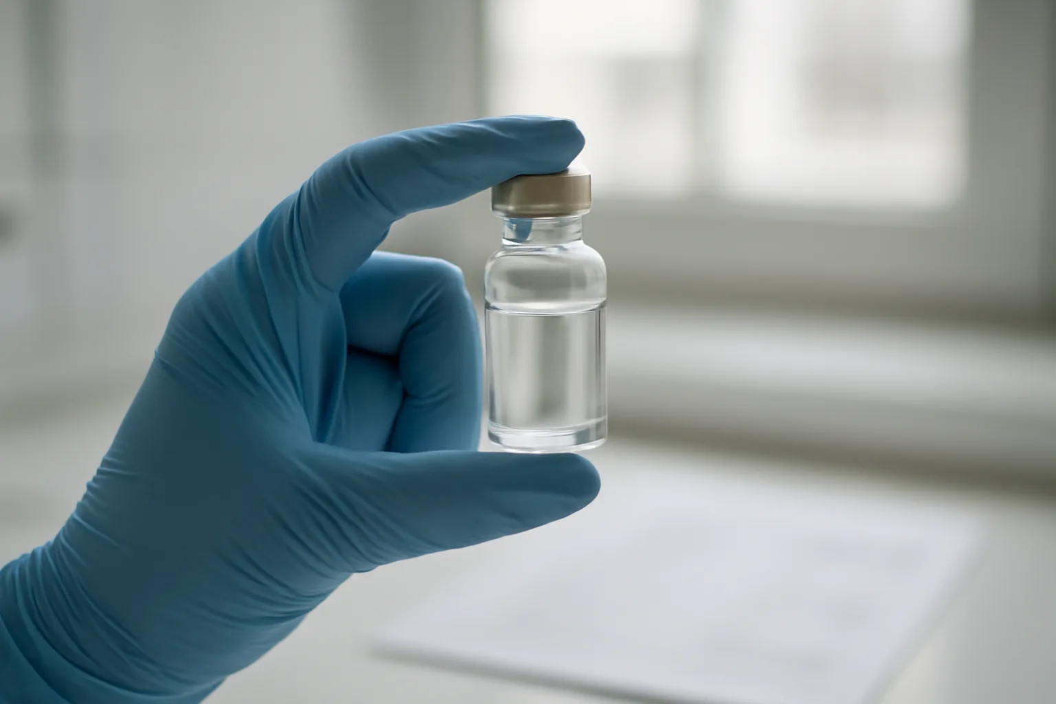 Gloved hand inspecting a small glass vial with a lab report visible in the background
