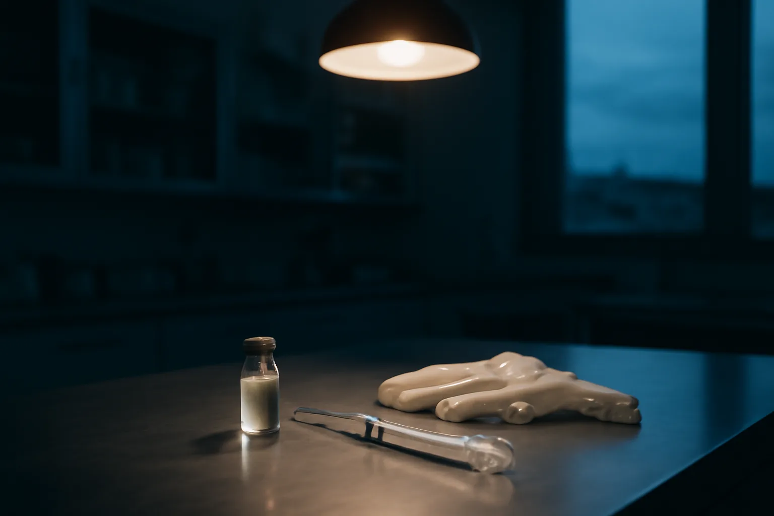 Sterile compounding pharmacy counter with a glass vial and syringe under focused light