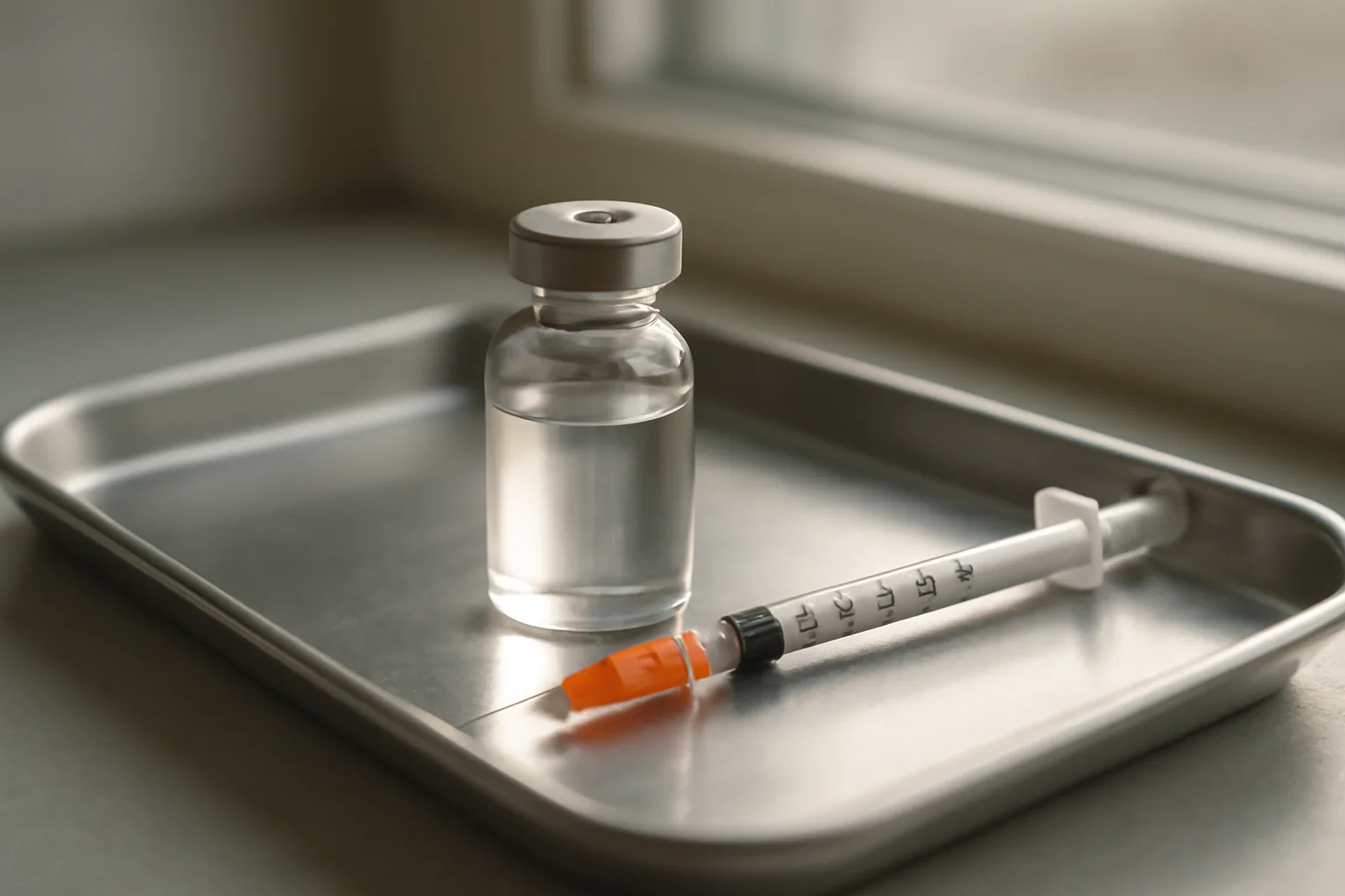 Vial and syringe on a steel tray, representing sermorelin cost and dosing decisions
