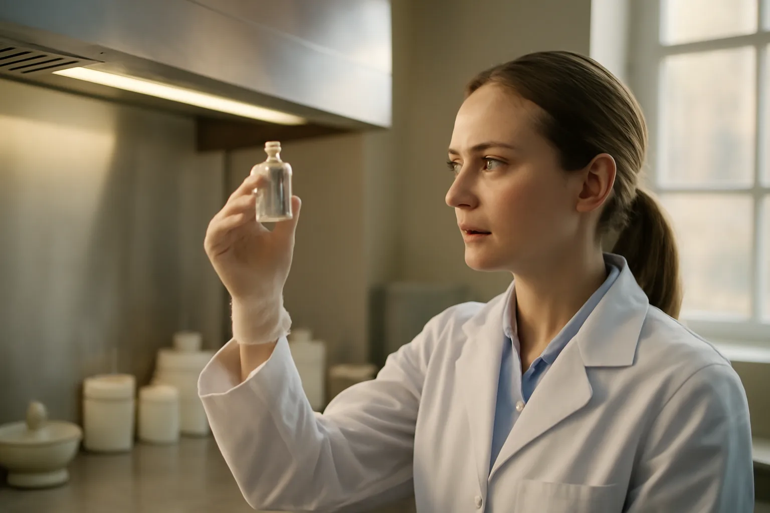 Pharmacist inspecting a compounded sermorelin vial under a lab hood