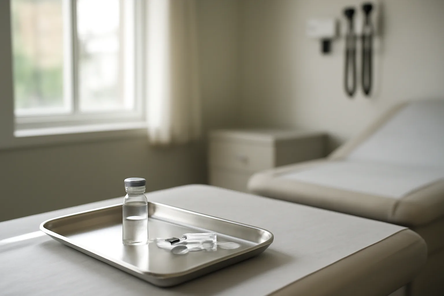 Clinic exam room table with vial and syringe used for sermorelin peptide therapy