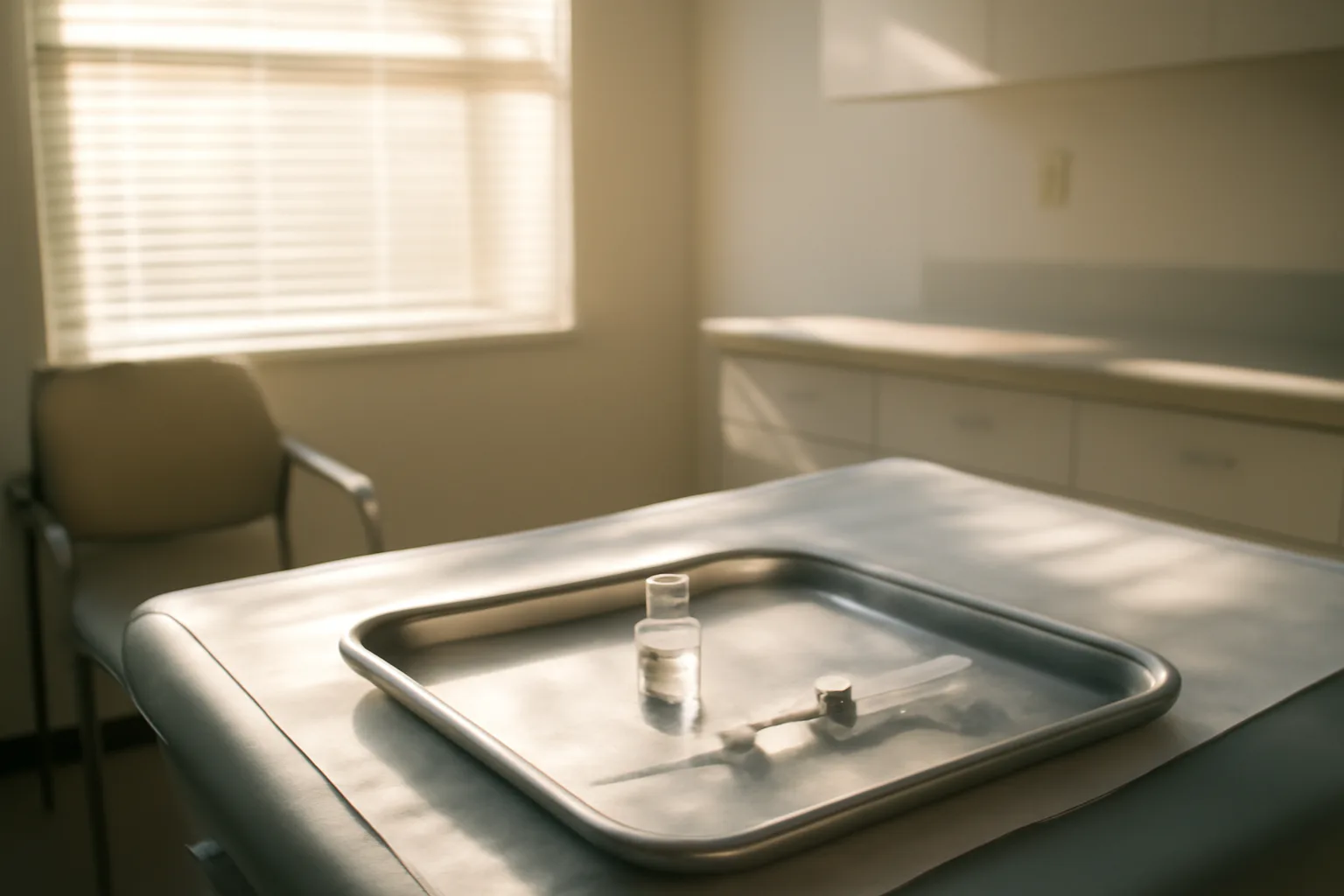 Exam room tray with vial and syringe illustrating sermorelin prescription requirements