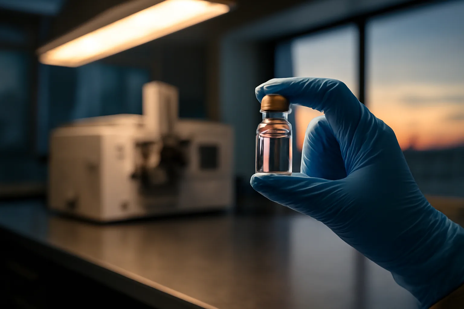 Gloved hand inspecting a glass vial under lab light near analytical instrument