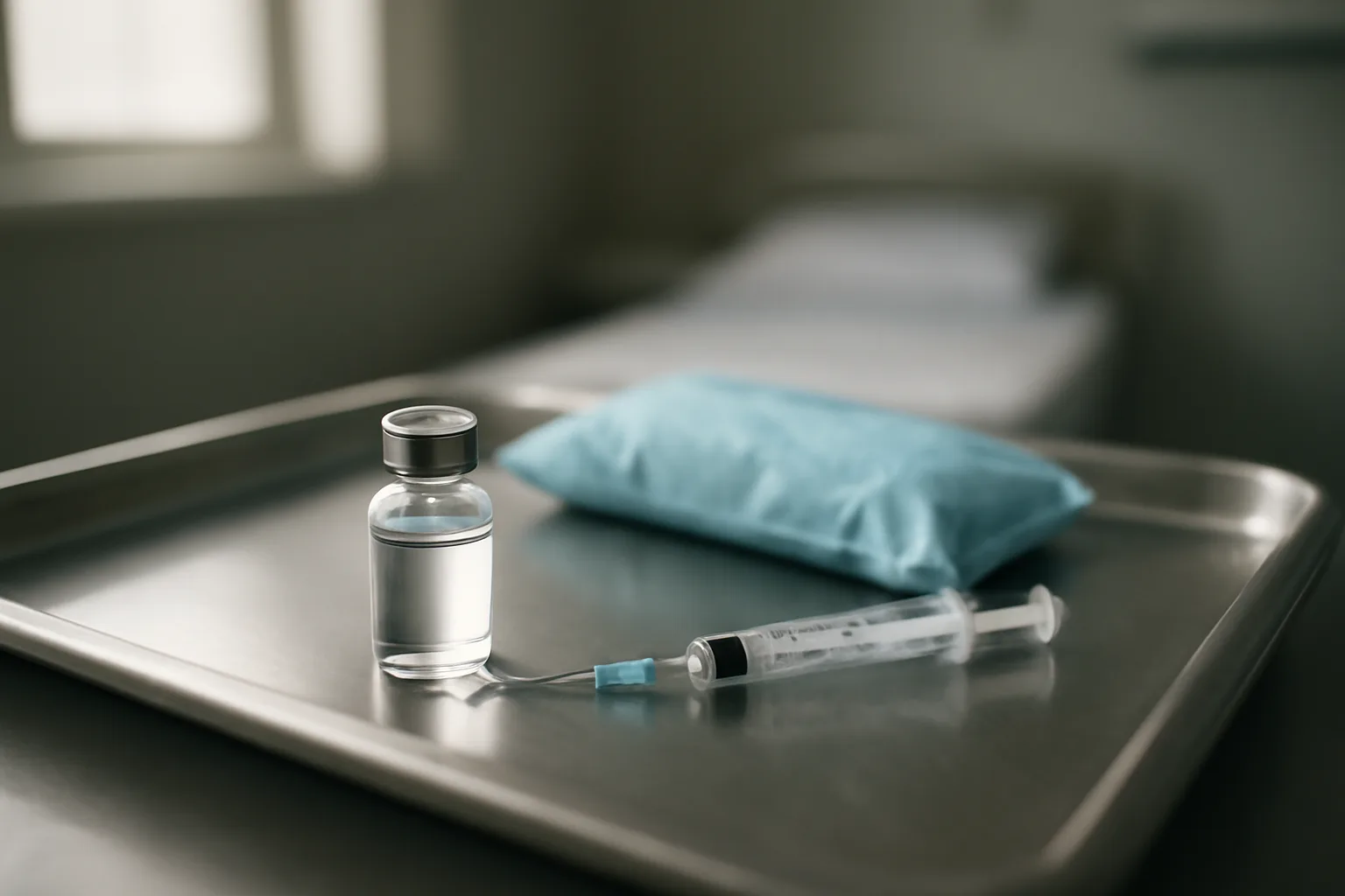 Vial and syringe on a steel tray in a clinic setting for sermorelin