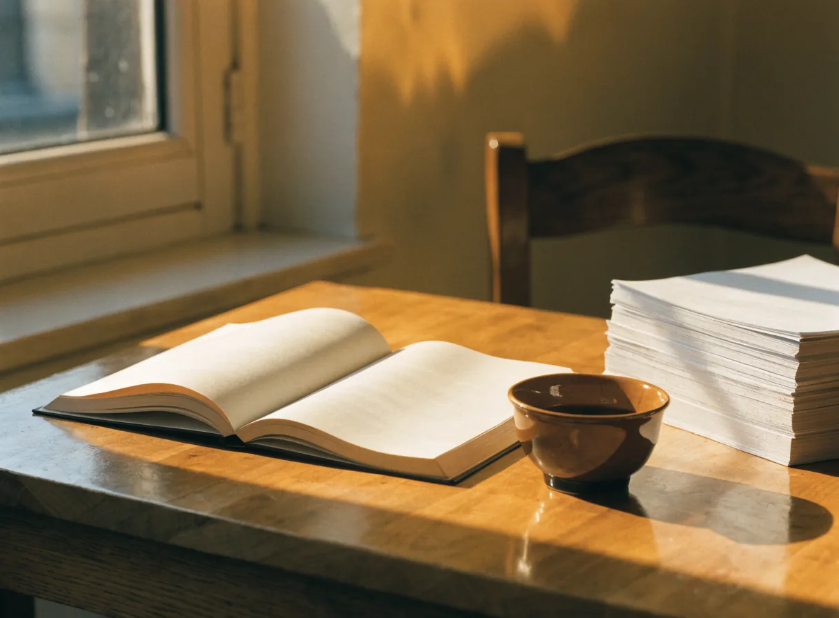 An open notebook with blank pages beside a stack of plain paper and a small amber ceramic cup on an oak desk in first light.