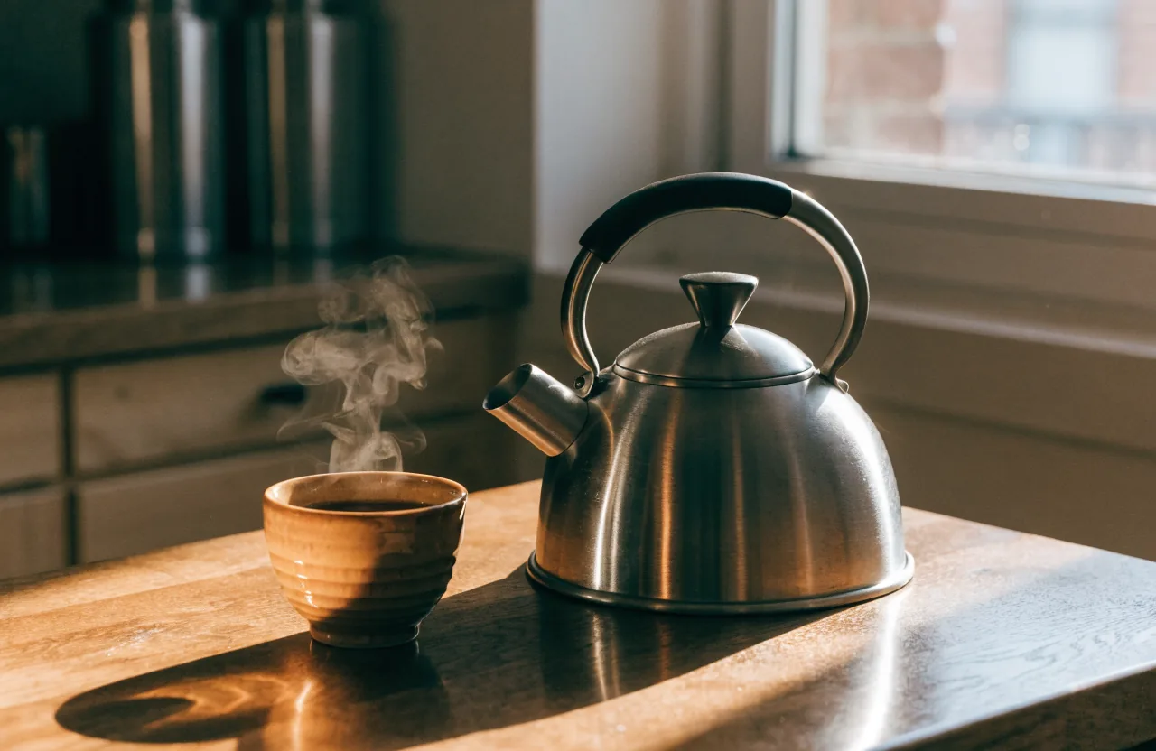A brushed steel stovetop kettle and a small amber ceramic cup on a wooden counter in low morning light.