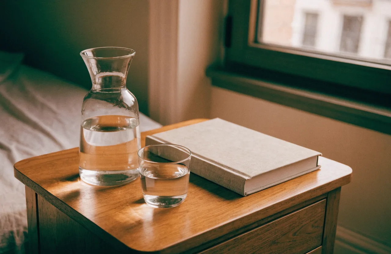 A wooden bedside table at dusk holding a glass carafe of water, a small glass, and a closed linen-bound book.